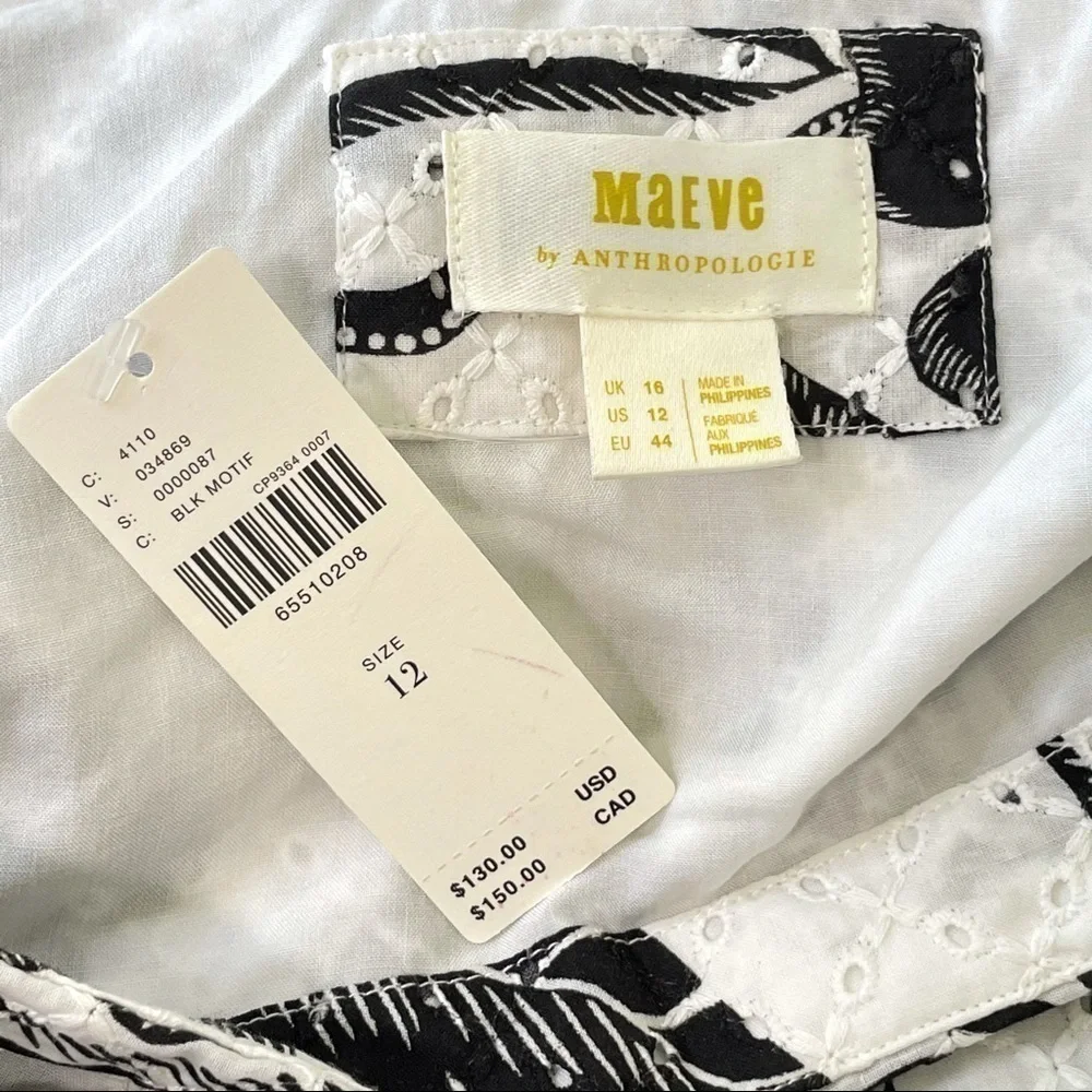 NWT Anthropologie Maeve One Shoulder Black White Floral Eyelet Bow Back Blouse